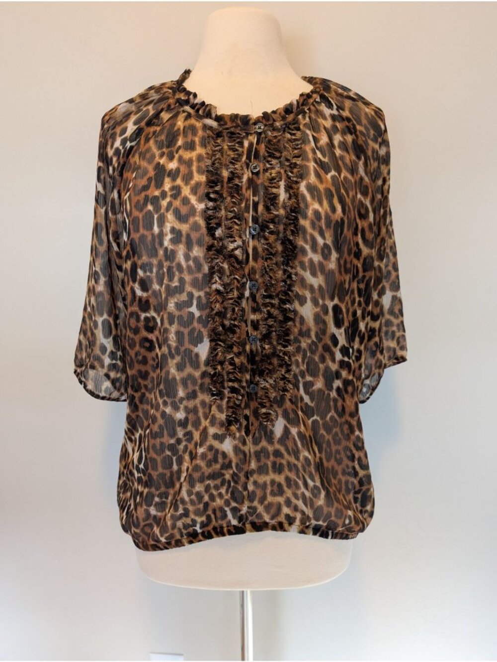 Express Sheer Large Ruffle Animal Print Mob Wife Top